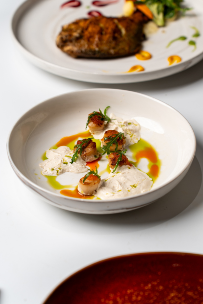 Seared Scallop, Salmon Roe, Garlic Espuma & Basil Oil - ITC Royal Bengal