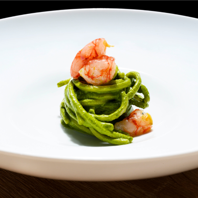 Spaghettone with Wild Fennel Pesto and Red Prawns - Dattilo